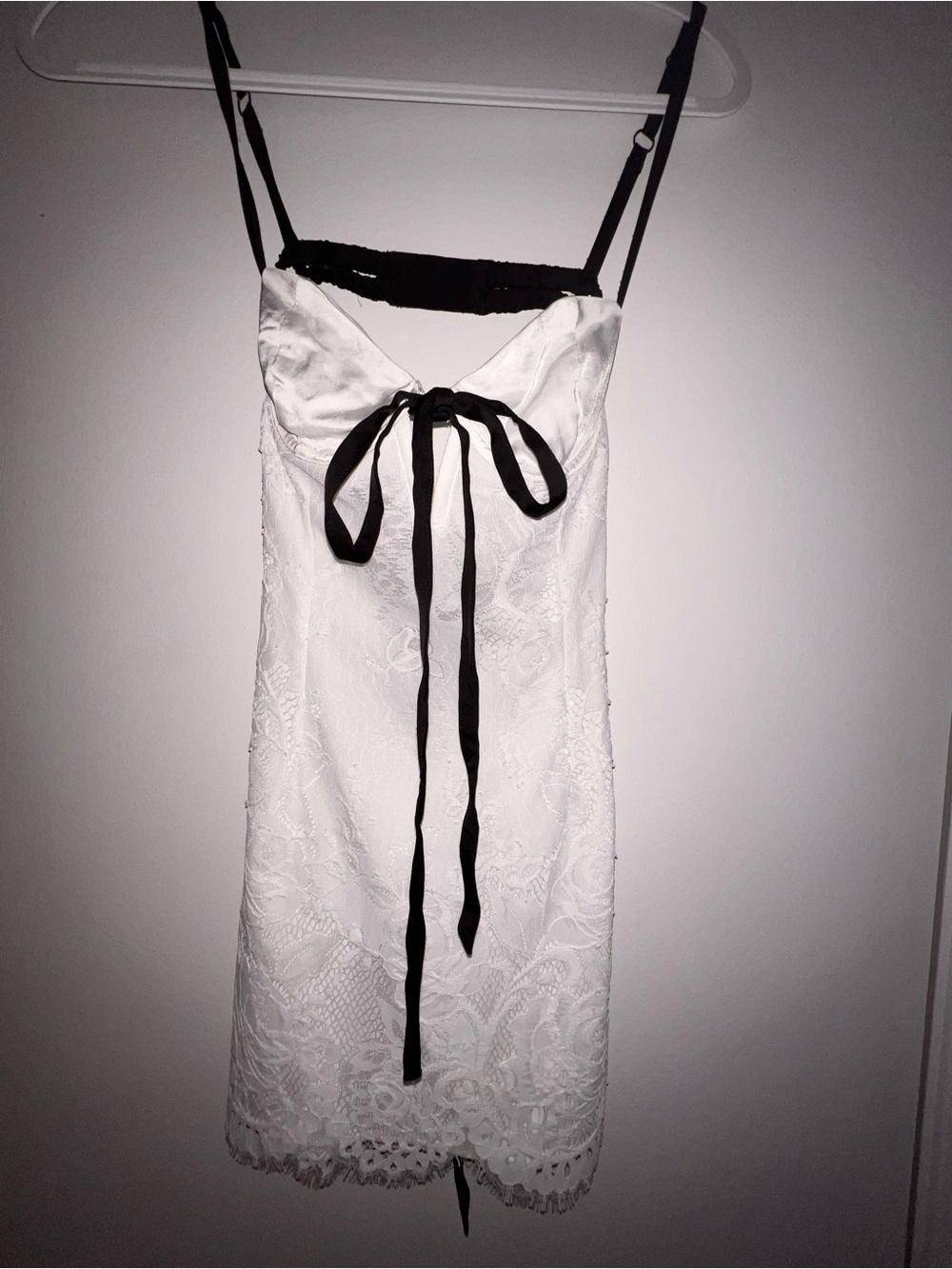 For Love And Lemons White Lace Slip Dress with Black Ribbon
